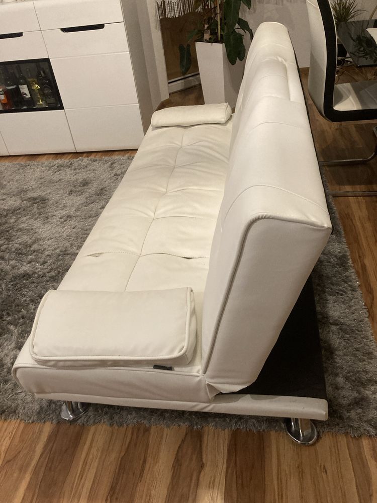 Sofa kanapa 3 osobowa z funkcją spania i barek biała ekoskóra 160x200