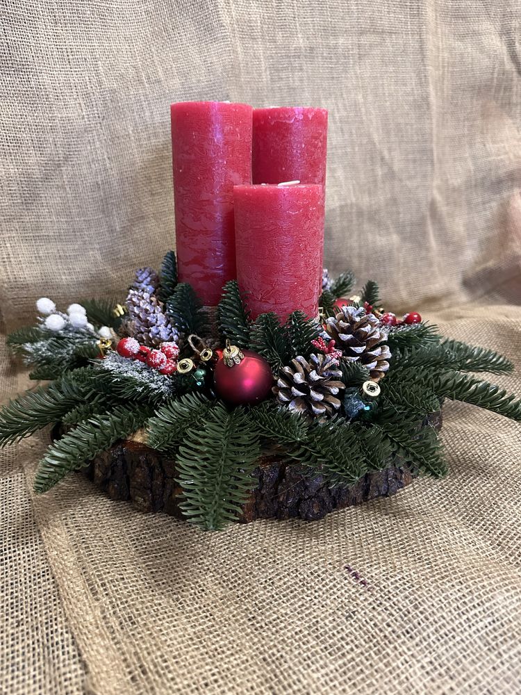 Свічник новорічний композиція святкова свічки зруб дерева декор свято