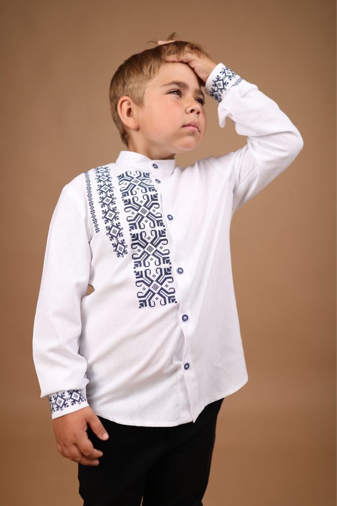 Вишиванка шкільна біла лляна для хлопчика, вишиванка дитяча