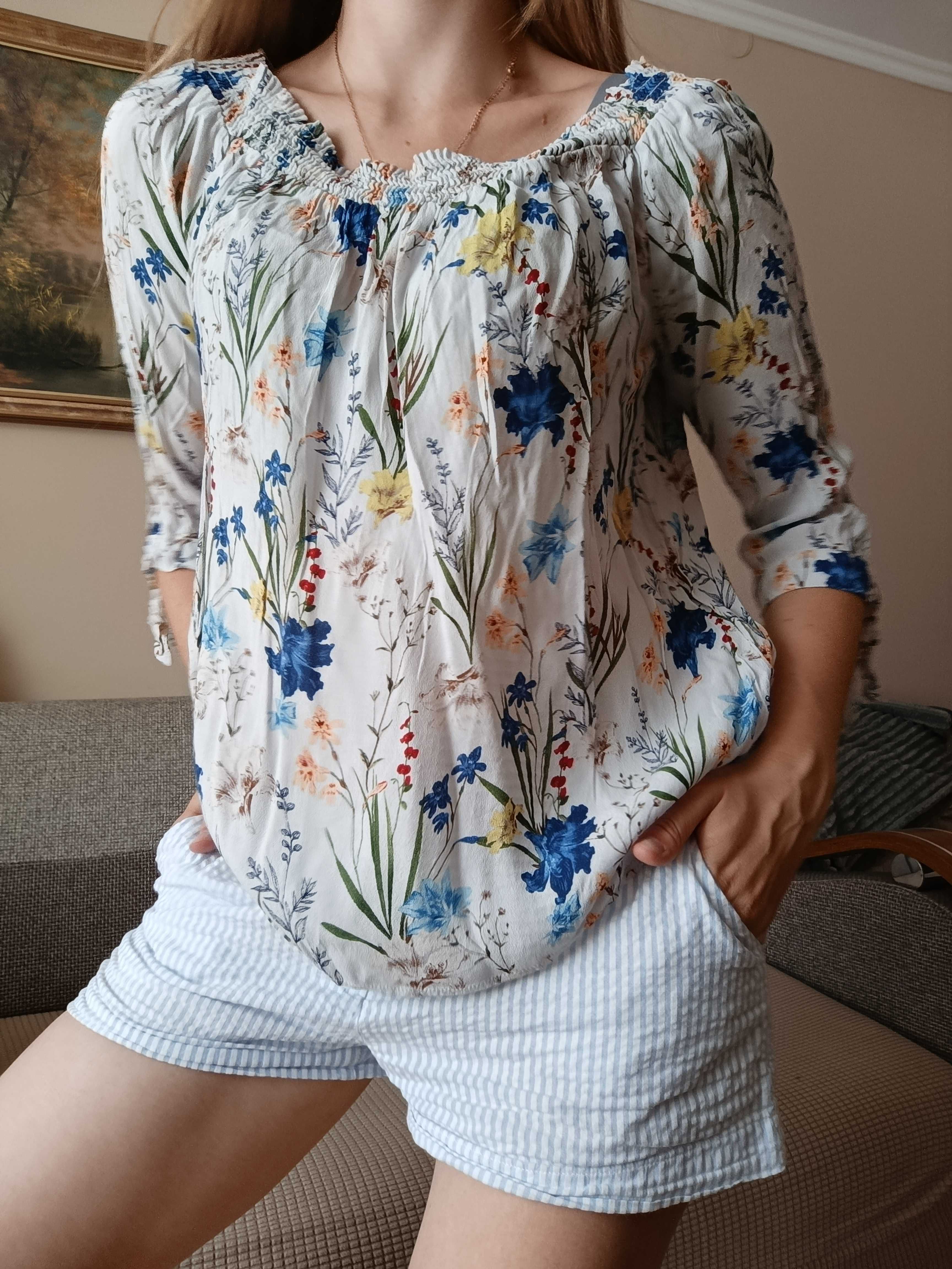 Bluzka hiszpanka M 38  w kwiatki Orsay biała w kwiaty chabry