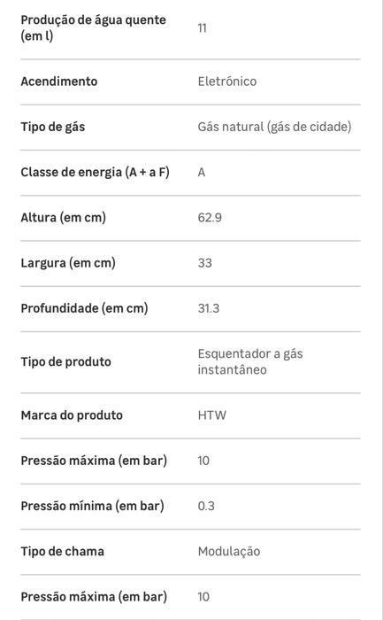 Esquentador a gás natural 11 litros A atmosférico HTM OBI na garantia