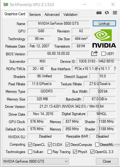 Видеокарта NVIDIA MSI NX8800GTS-E /320Mb/DDR3/320bit