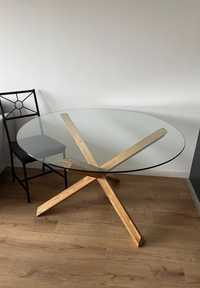 Szklany stół na drewnianych nogach, średnica 119cm