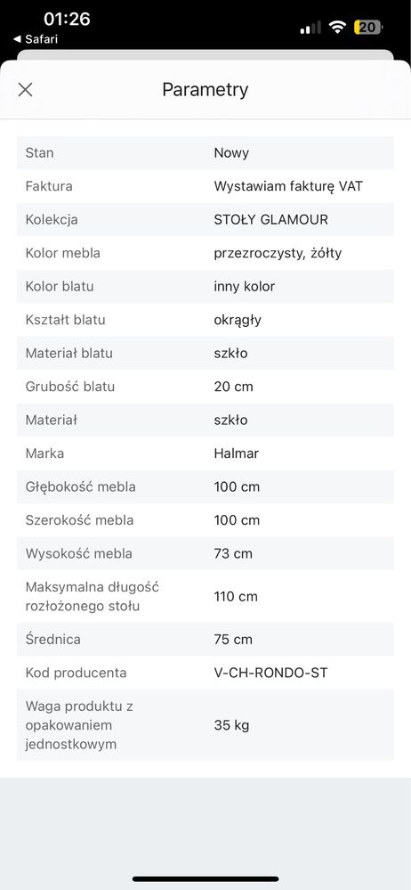 Rondo stół szklany ze zlotymi nogami