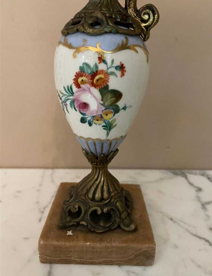 Amforka mosiądz porcelana marmur vintage