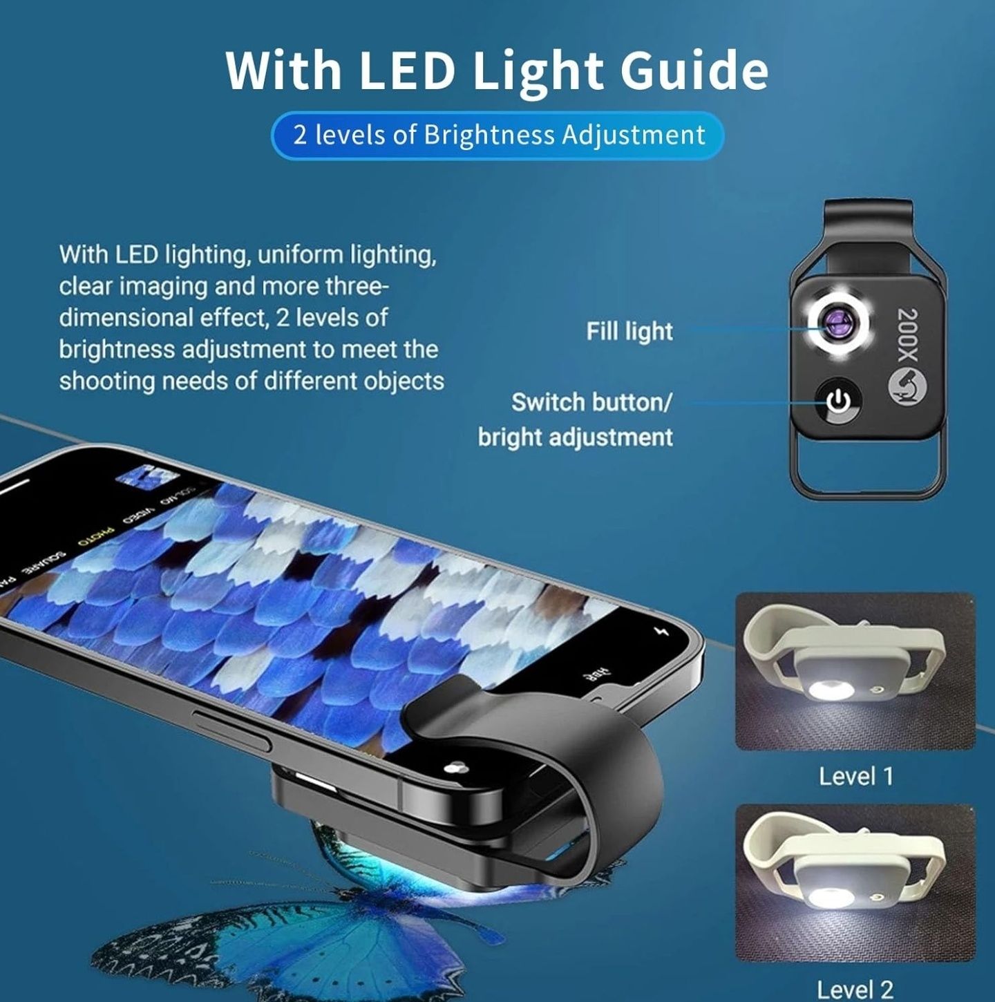 lente microscópio de ampliação com LED para smartphone