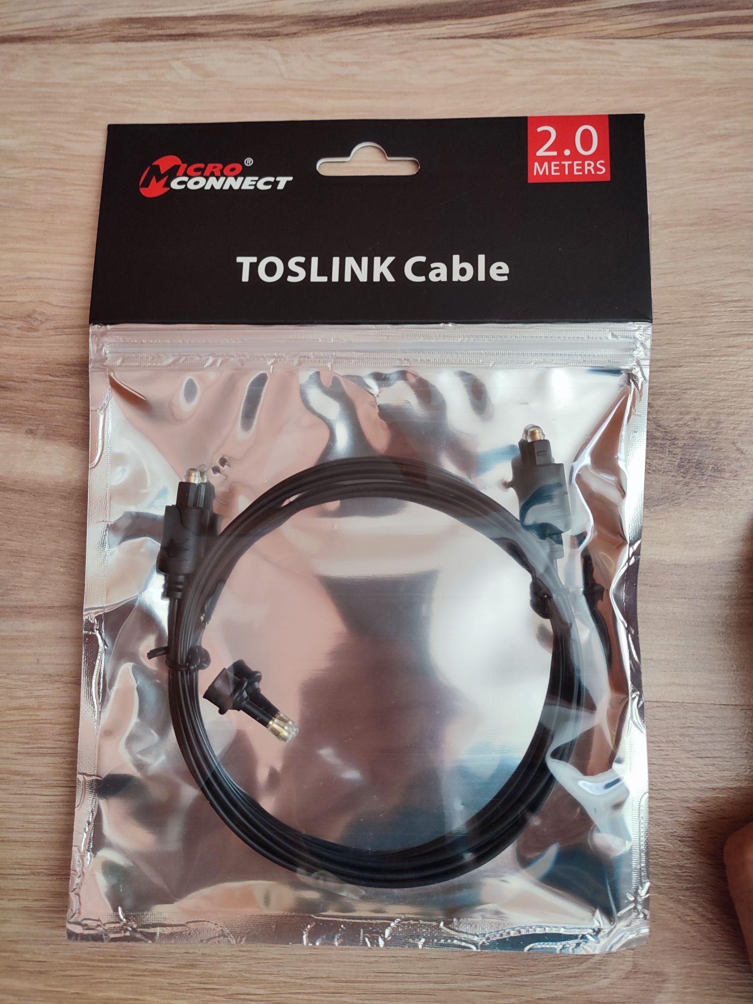 Przewód TosLink, światłowód + mini adapter. Długość: 2m.