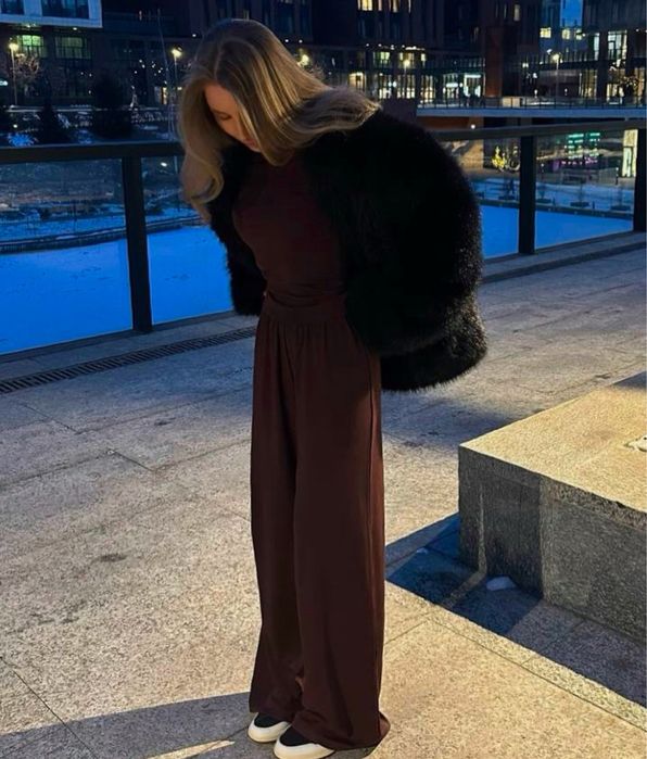 Костюм шоколадный коричневый кофта брюки палаццо водолазка спорт шик