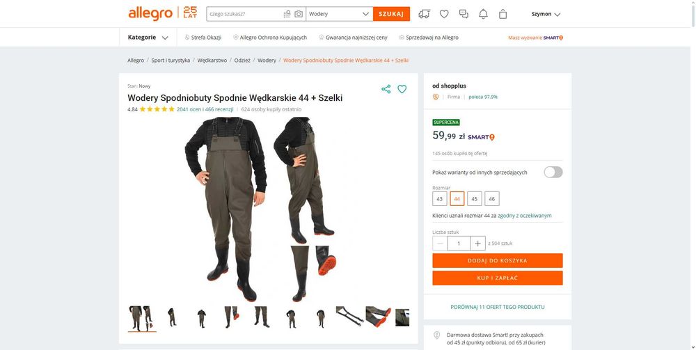 Wodery spodniobuty rozmiar 44 spodnie wędkarskie + szelki