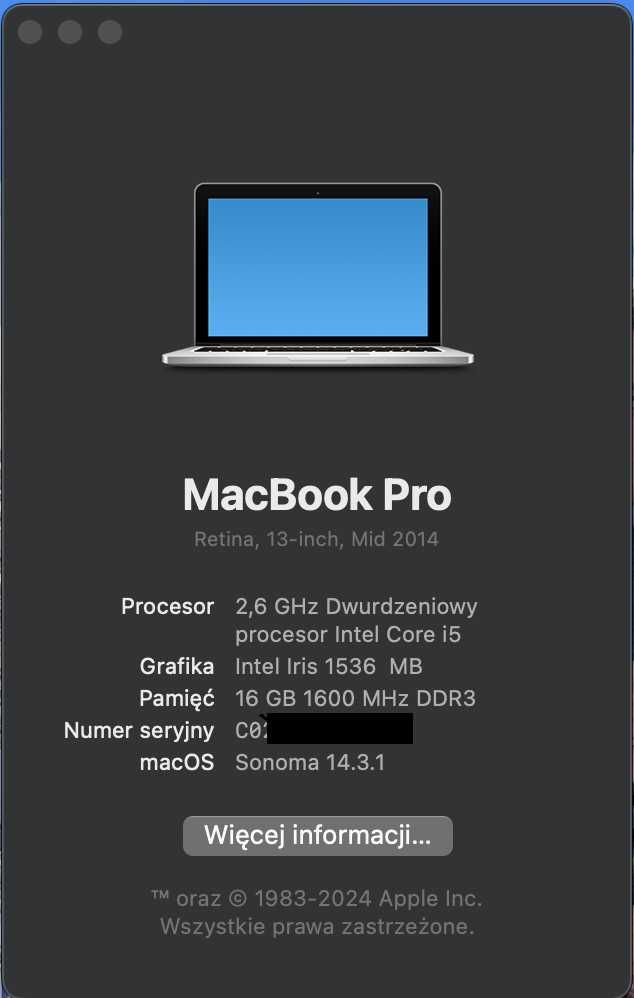 Macbook Pro A1502 16GB 256 GB - Stan Idealny, nowa bateria