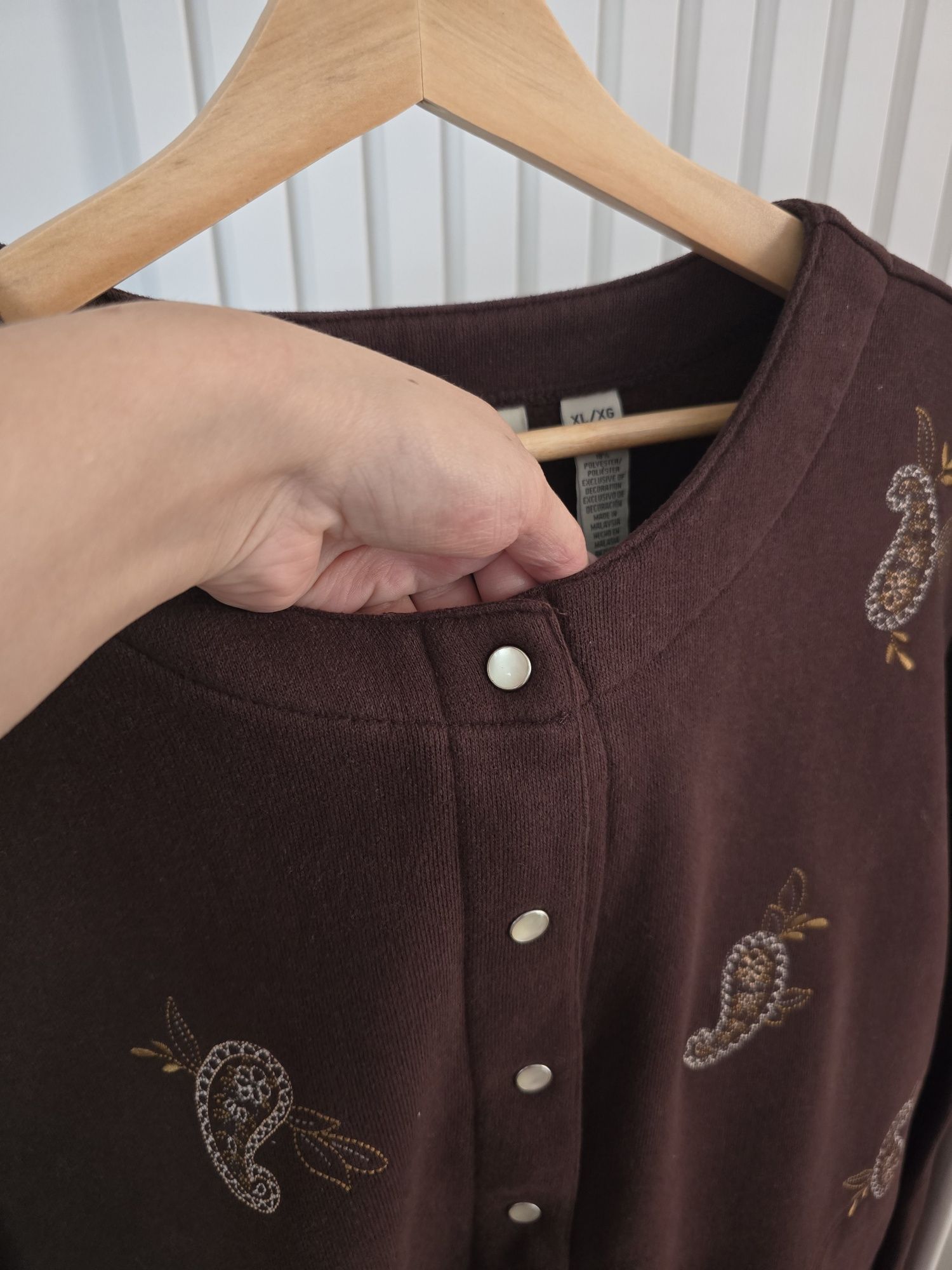 Bluza narzutka czekoladowa 42 XL plus size haftowana bdb vintage zapin