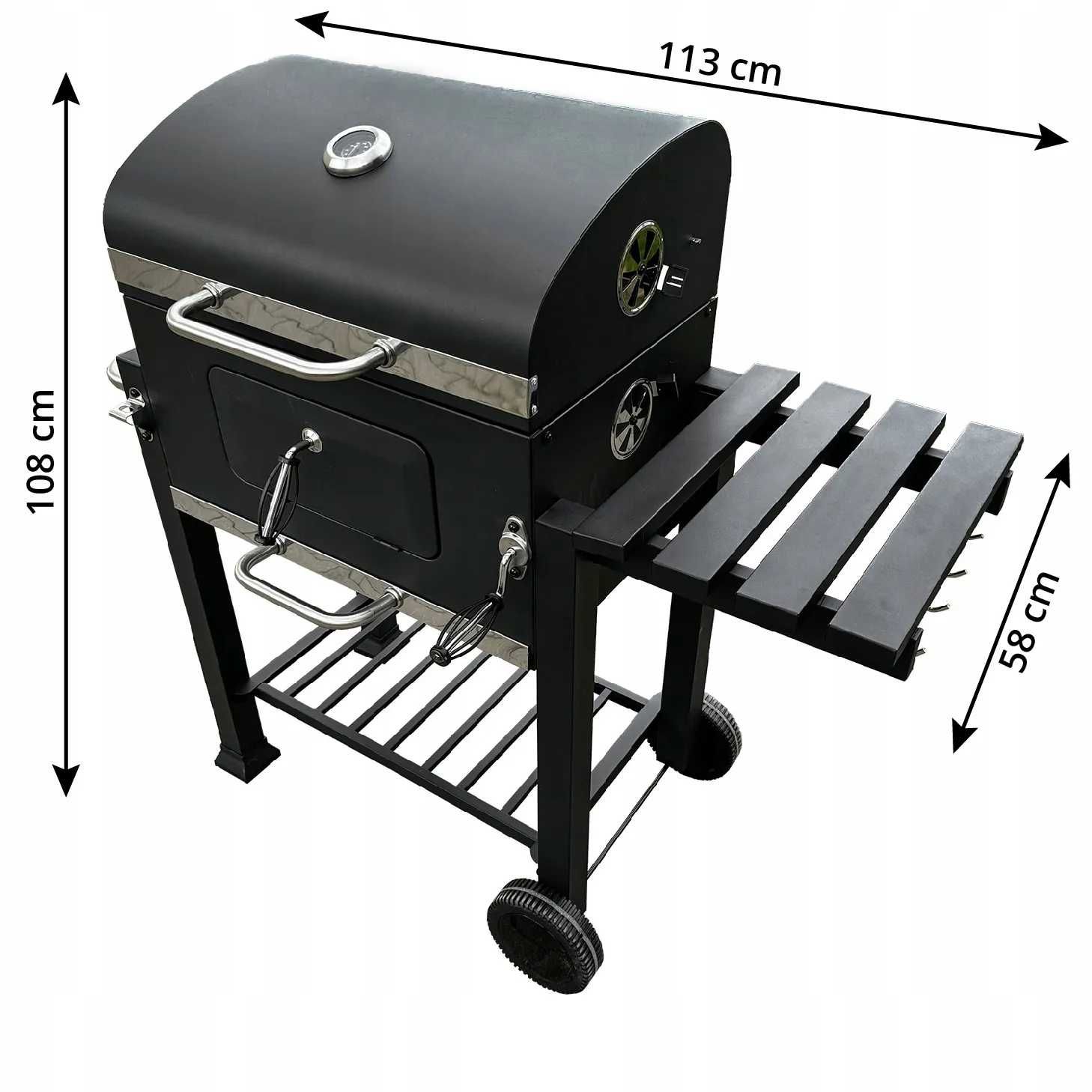 Duży grill węglowy żeliwny ruszt solidny trwały kółka półki termometr