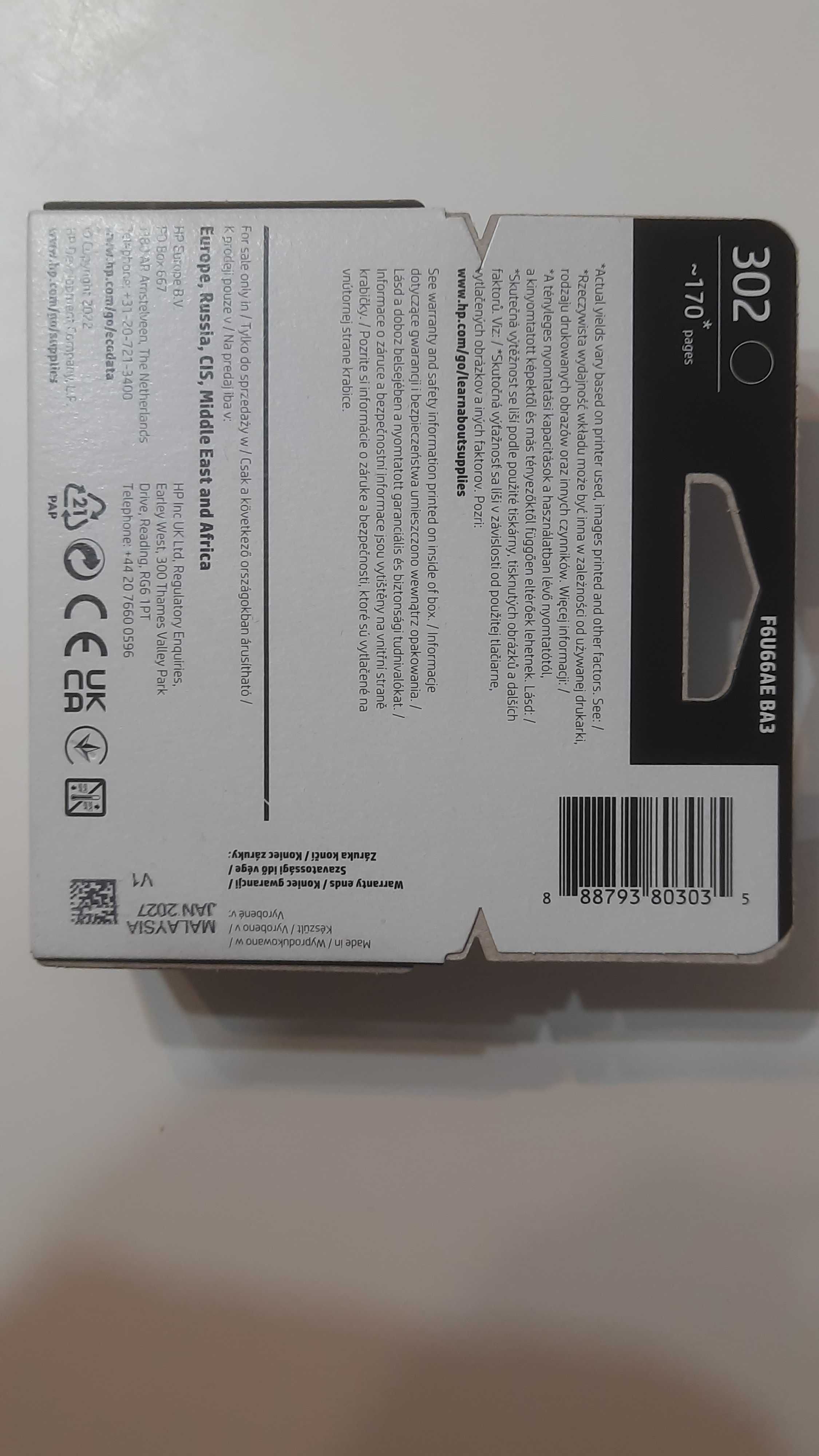 HP 302 Oryginalny Tusz HP F6U66AE 302 Czarny do Drukarki  NOWY!!!