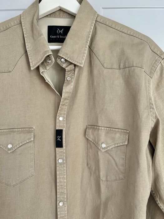 Koszula męska Guns & Tuxedos by Czapul beżowa oliwkowa slim fit