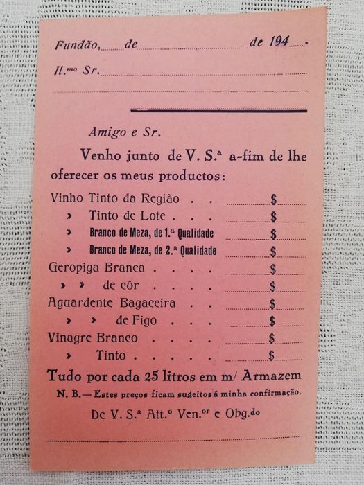 Cartão comerciante Vintage - anos 40