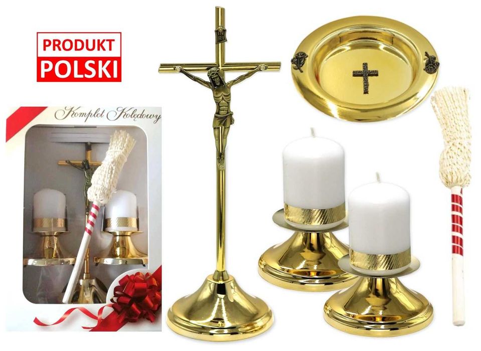 Nowoczesny srebrny ZESTAW KOMPLET KOLĘDOWY kolęda krzyż kropidło