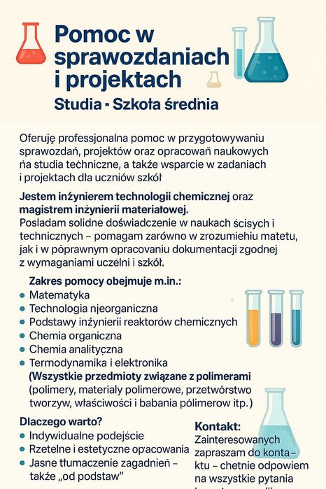 Projekty, sprawozdania chemia, technologia chemiczna, inżynieria