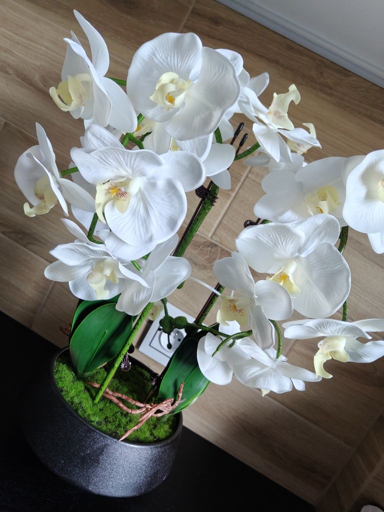 Duży przepiękny biały sztuczny storczyk orchidea w czarnej doniczce