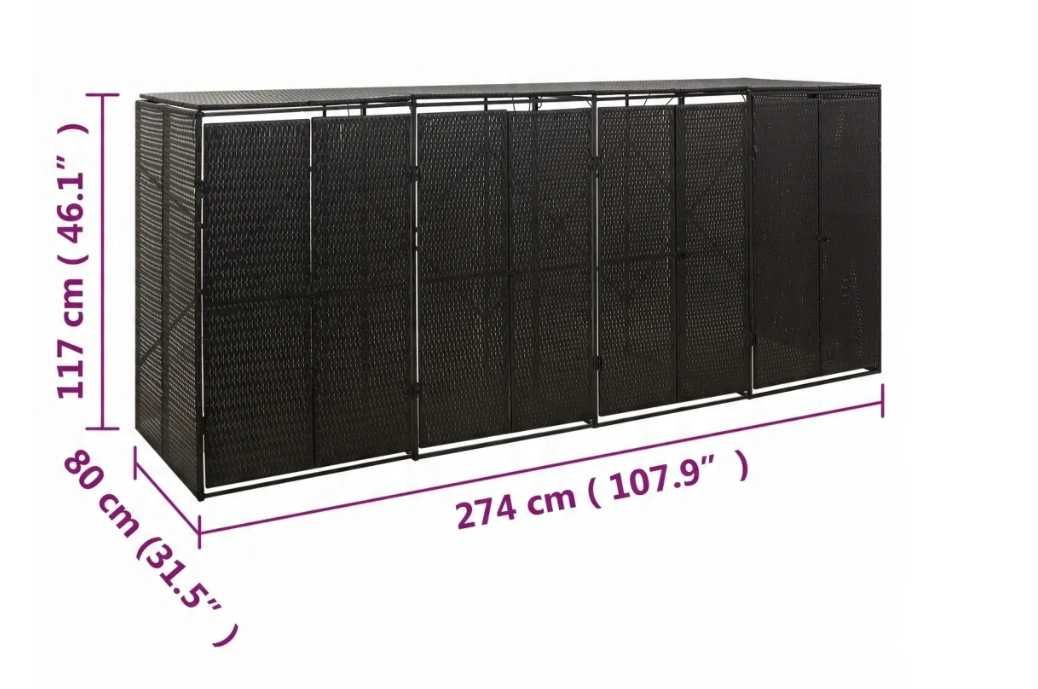 Osłona na 4 kosze na śmieci, czarna, 274x80x117 cm, polirattan