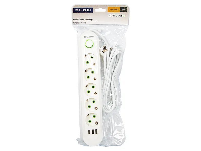Listwa przedłużacz sieciowy BLOW 5 gniazd + 3x USB 2m biały 98-229#