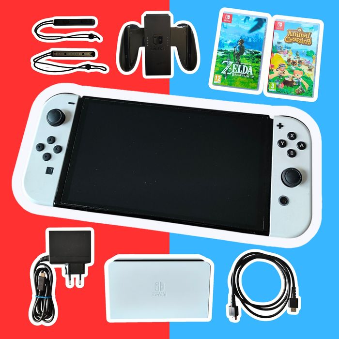 Nintendo Switch OLED Biały + gry Animal Crossing i Zelda: Breath of th