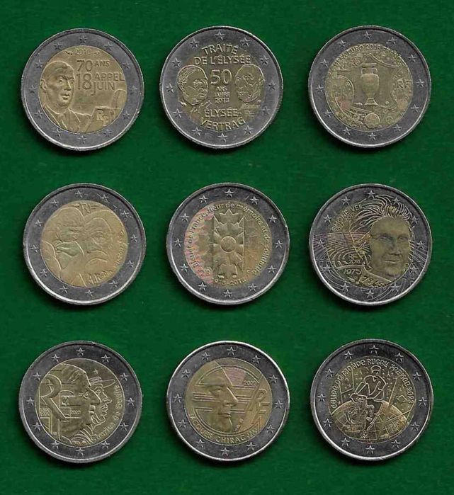 9 Moedas Comemorativas de 2 Euros - FRANÇA