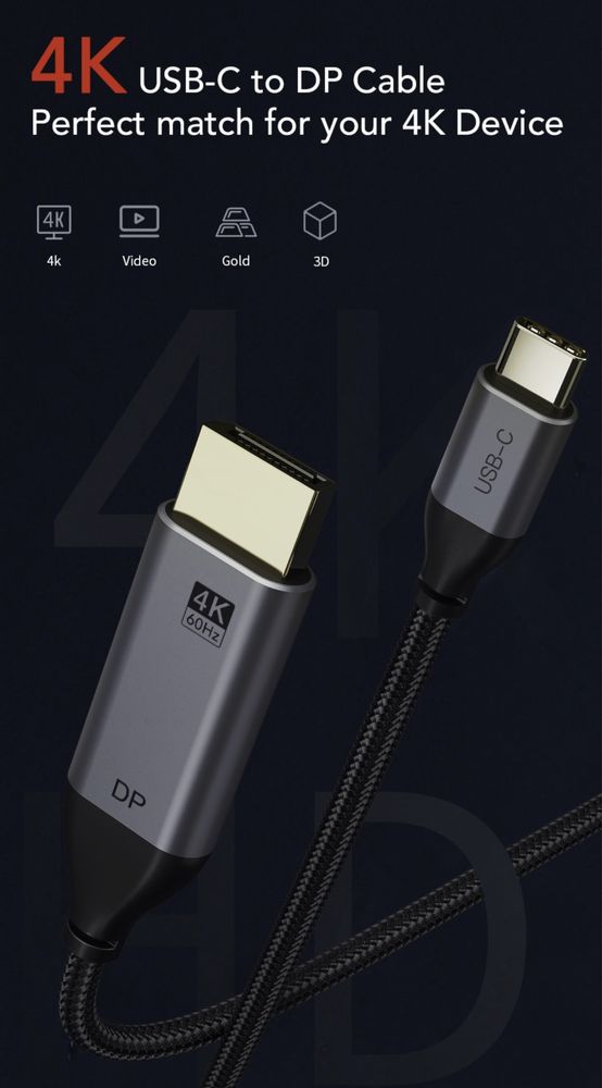 3 метра Кабель Cabletime 4K/60Hz USB Type-C to DisplayPort DP v1.2