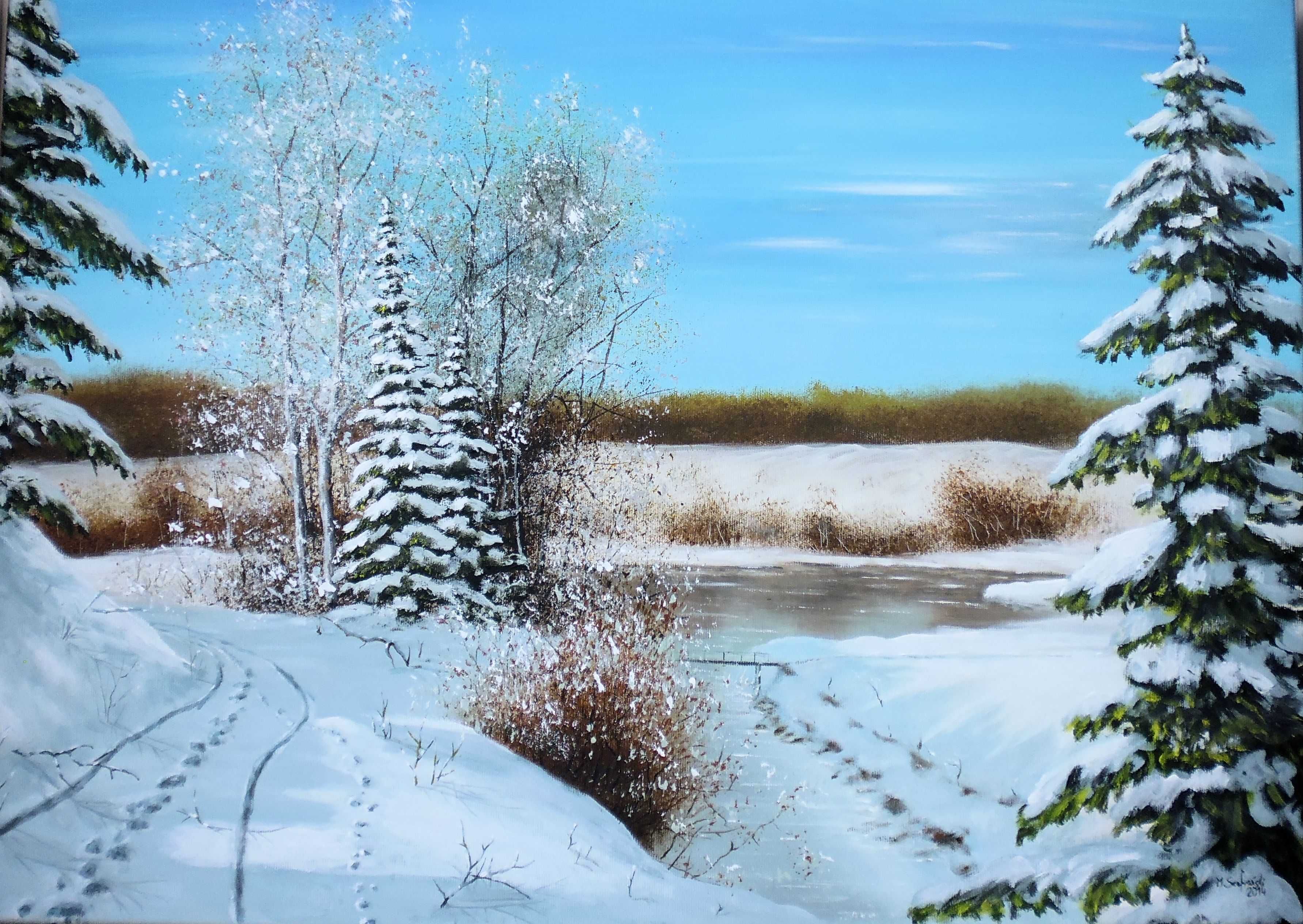 Obraz ręcznie malowany-Pejzaż "W zimowej szacie" 70x50 cm