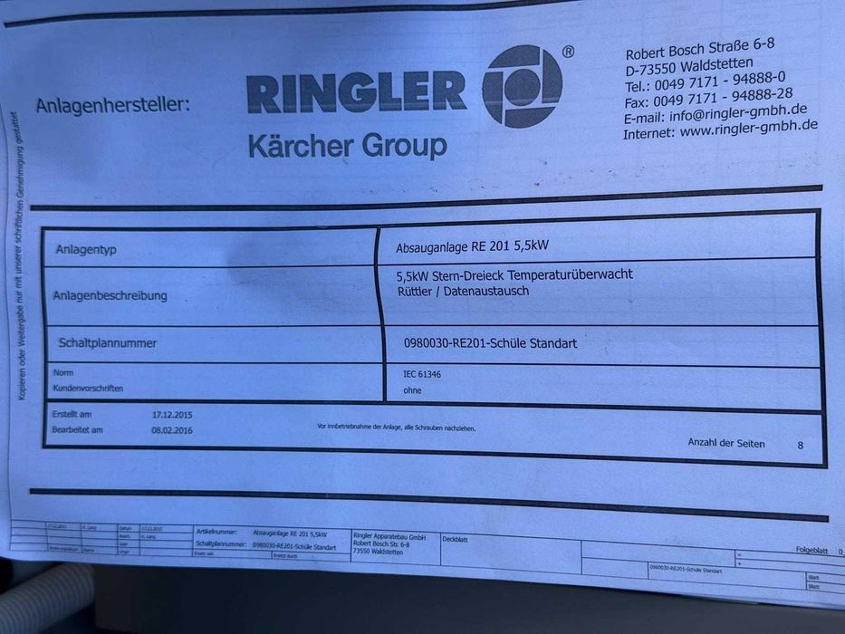 Odciąg pyłu , odpylacz , wyciąg Ringler