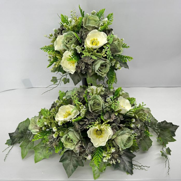 Komplet na grób stroik i bukiet zielono kremowy dekoracja cmentarna