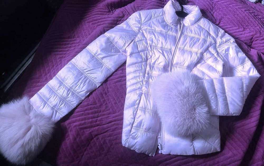 Kurtka guess naturalny  lis nie flo clo pudrowy różowy puchowa 36