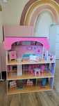 Duży drewniany domek dla lalek piętrowy meble do domku mebelki barbie
