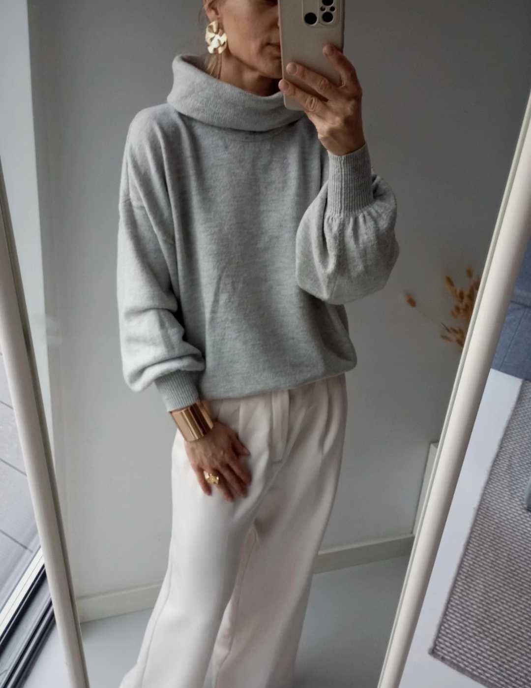 Asos szary sweter piękne rękawy duży L z golfem ciepły