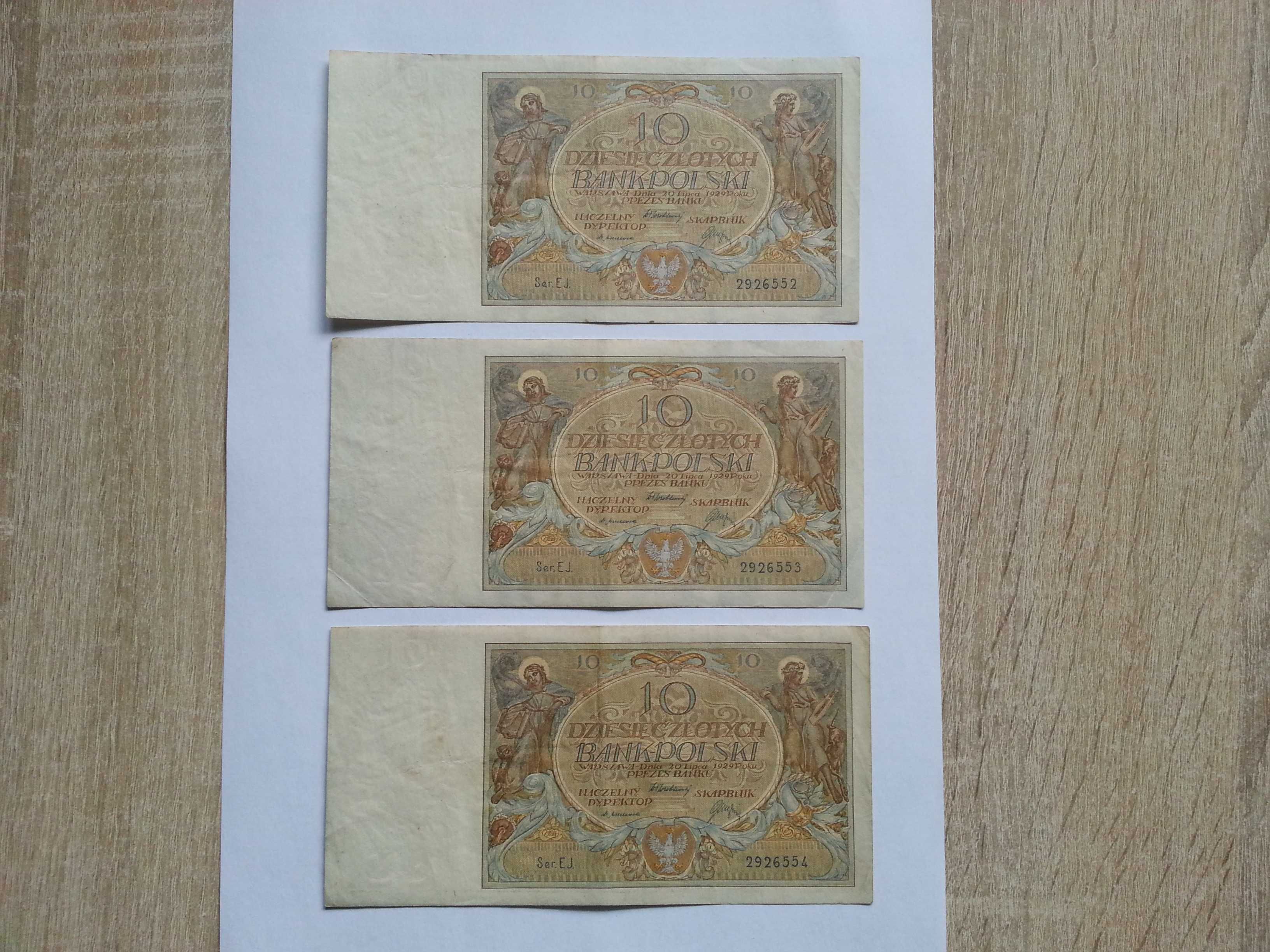 Przedwojenne polskie banknoty 3 x10 zł- 1929 r kolejne numery seryjne
