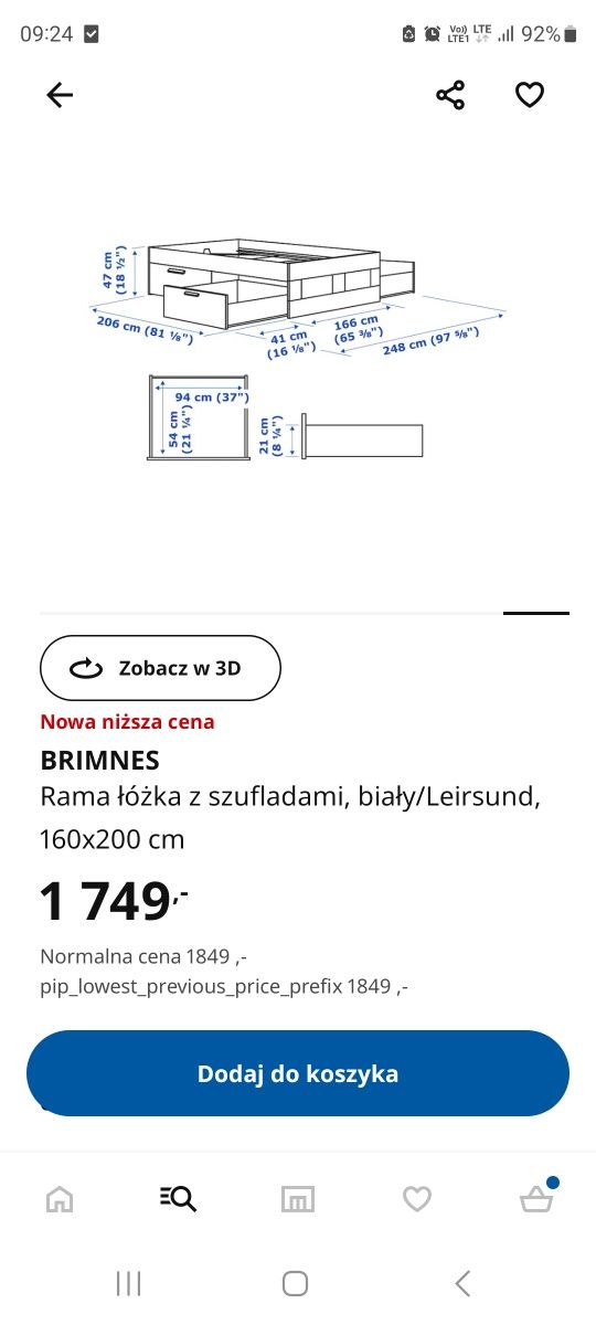 Brimnes 160x200 rama dno z listew stan idealny łóżko ikea