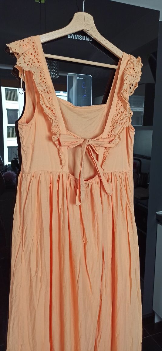 F&F piękna sukienka maxi letnia zwiewna odkryte plecy morelowa bawełna