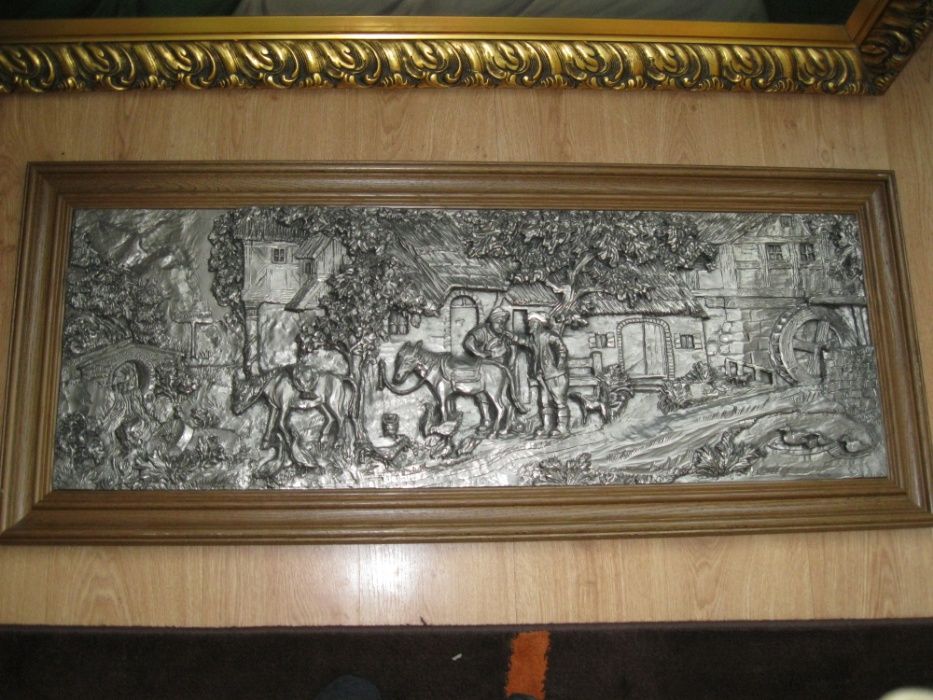 Obraz, cynowy relief, scenka rodzajowa przy młyńskim kole, super stan.