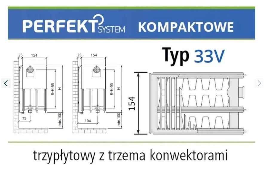 Grzejnik stalowy PERFEKT SYSTEM CV33 900x700 Dolny 2176W (JAK NOWY)