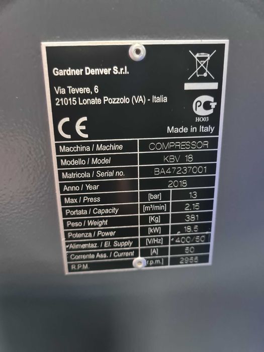Kompresor śrubowy GARDNER DENVER KBV 18 18,5 kw, 2018r, Falownik