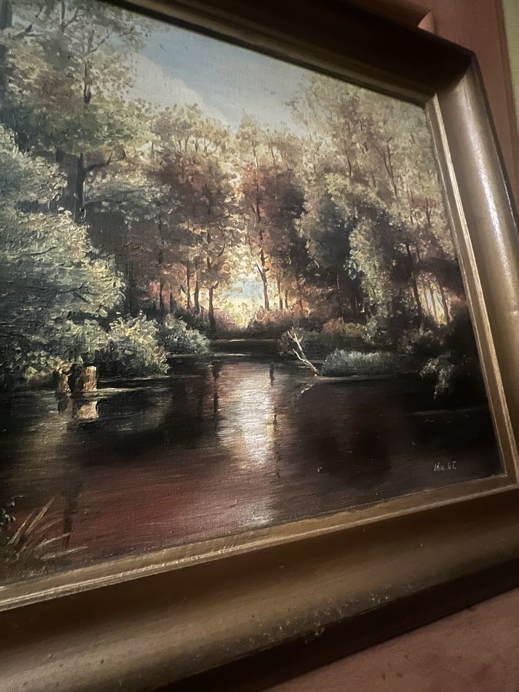 Stary Obraz las woda pejzaz drewniana rama jezioro rzeka natura