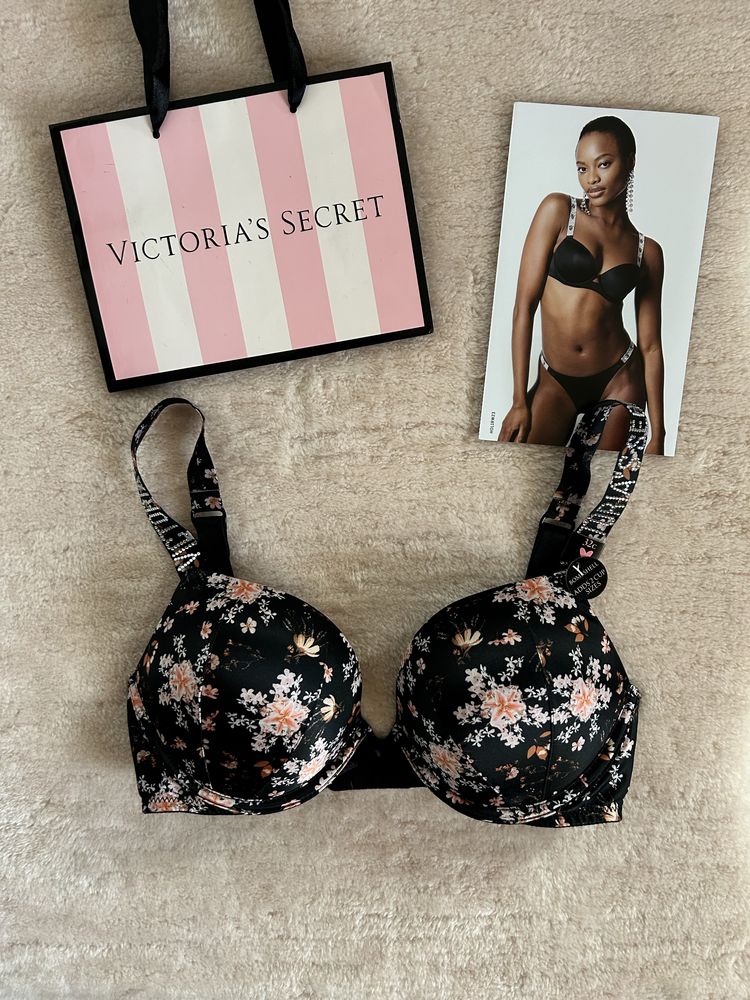 Victoria’s Secret czarny stanik 70C push up shine strap oryginalny