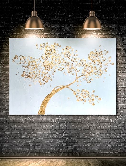 Картина акрил, холст, золото, вишня, цветы, абстракция, 3Д обьем