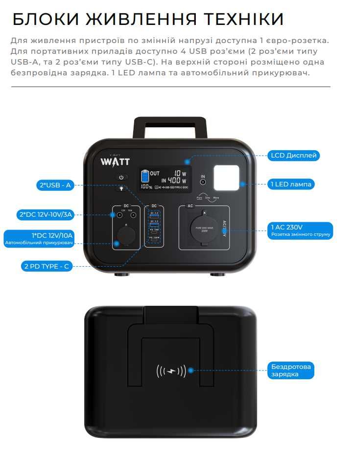 Зарядна станція електрична портативна V-WATT ALPHA 600 W