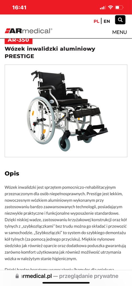 Sprzedam wózek inwalidzki aluminiowy lekki składany fabrycznie nowy
