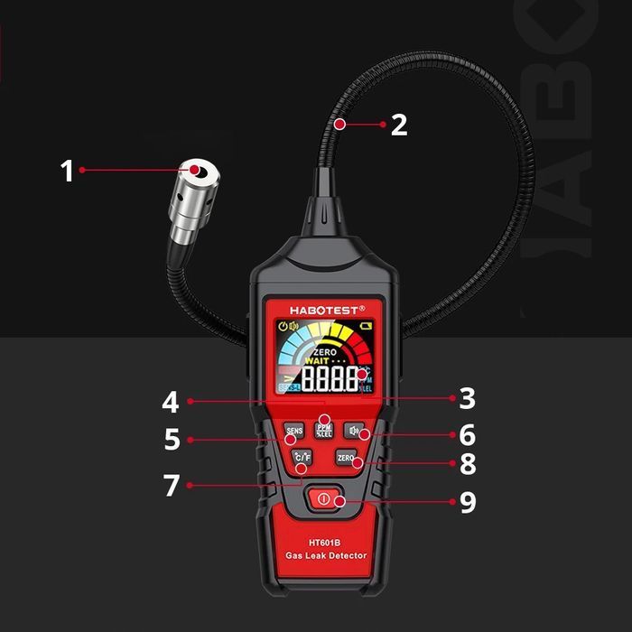 Detektor wycieków gazów miernik stężenia 9999 ppm 20,00% lel temp.