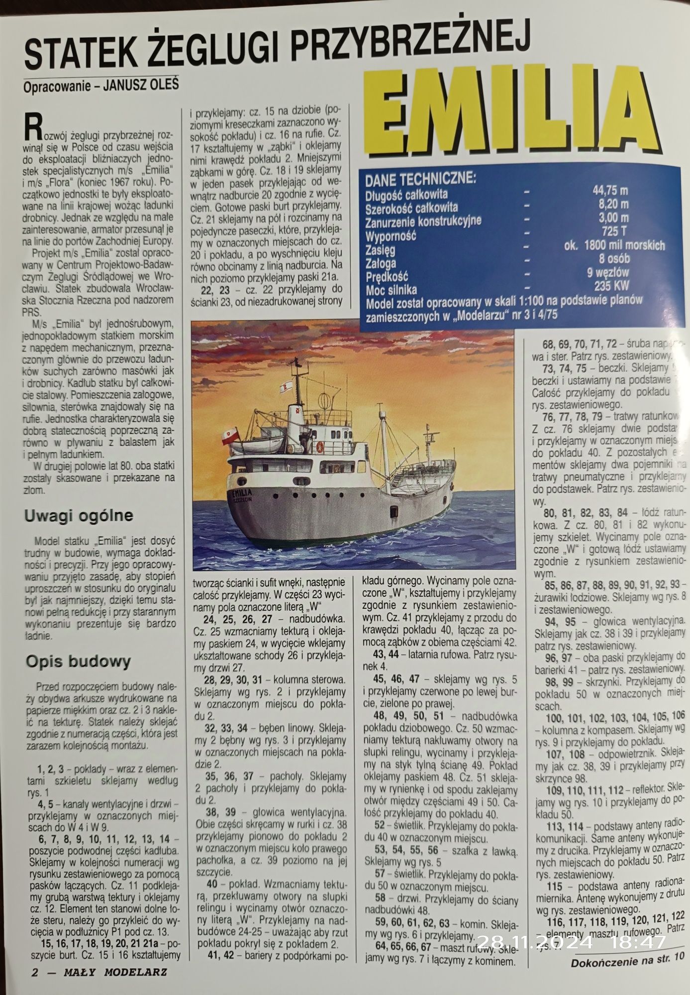 Model statku żeglugi przybrzeżnej Emilia Mały Modelarz 10-11/98