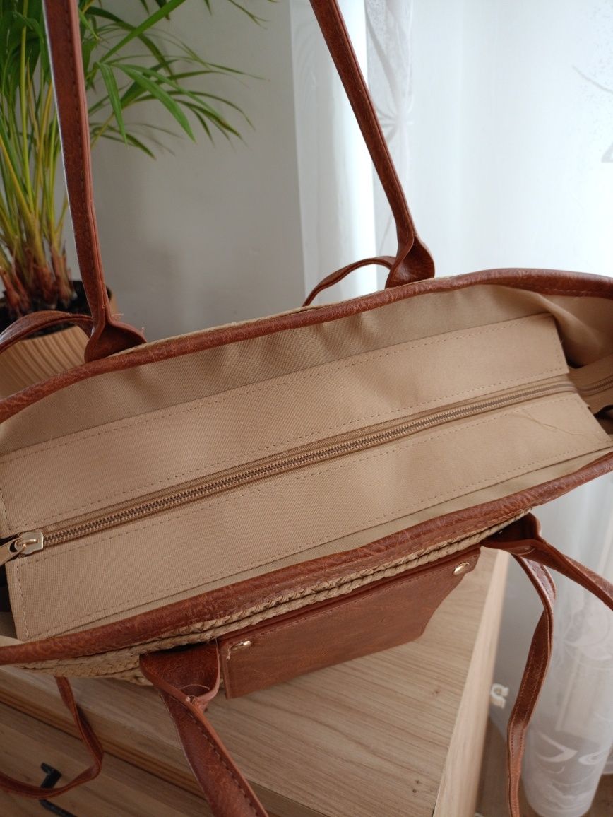 Torebka shopperka pleciona na wiosnę lato na plażę brązowa Boho