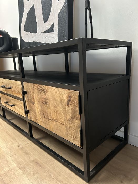 Komoda LOFT drewniana mango metal czarna szafka rtv pod tv NOWA