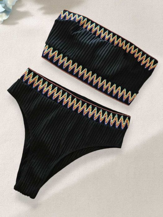 Женский купальник с вышивкой в рубчик топ и высокие плавки SHEIN, L/XL