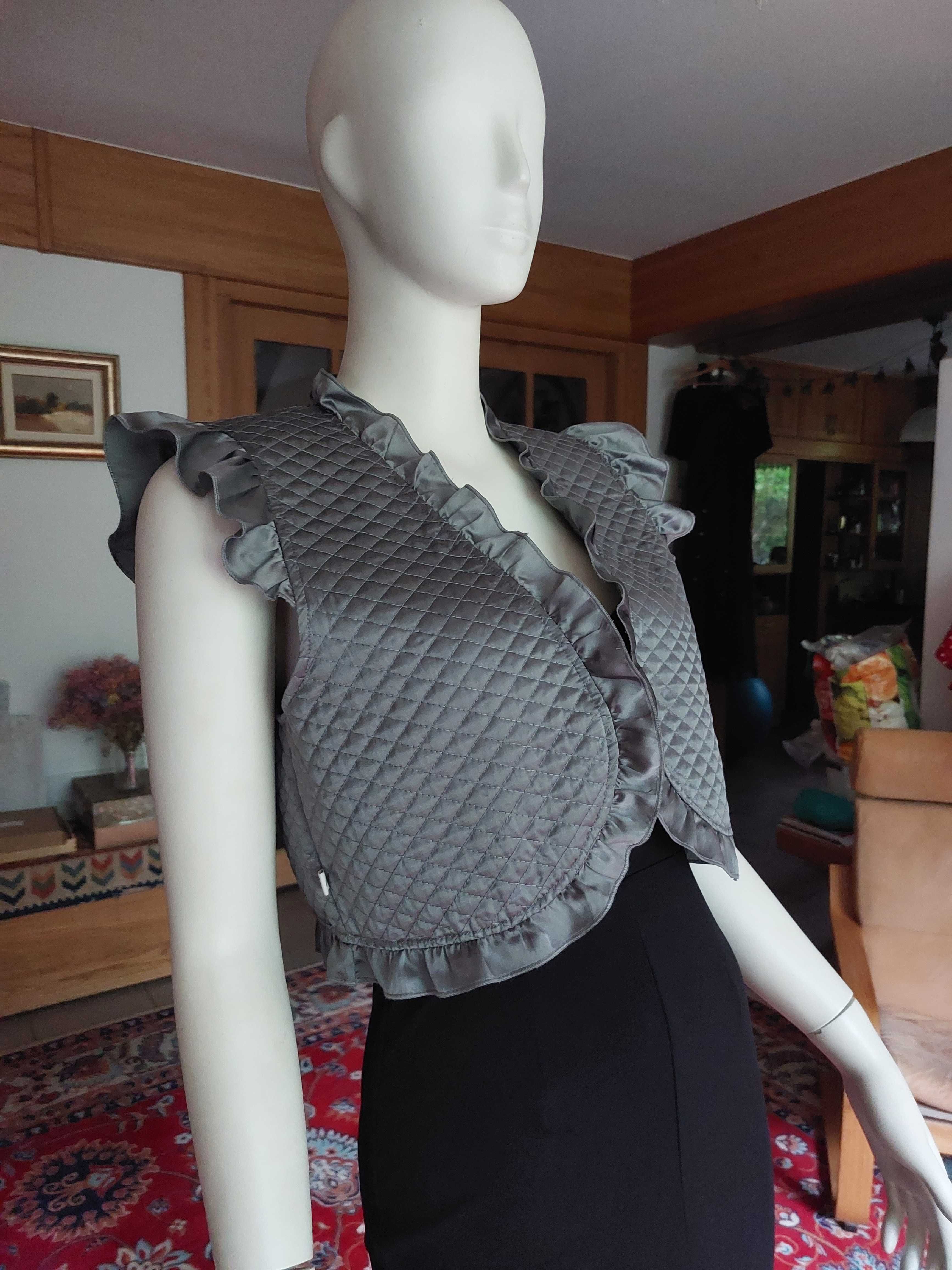 srebrna elegancka wieczorowa pikowana kamizelka jedwabna bolerko 40 L